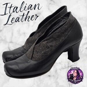 IXOS Leather Floral Heels Womens 38.5 Vero Cuoio Black Italian Made Unique Artsy